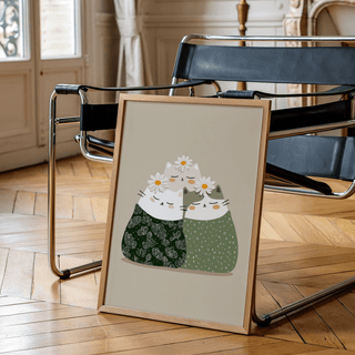 Beige and Green Illustrated Cat Wall Art perfect for bedroom wall art