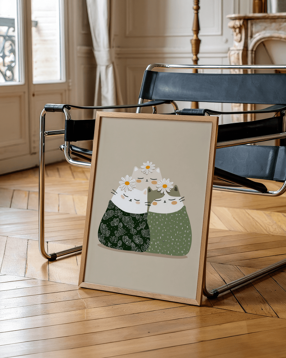 Beige and Green Illustrated Cat Wall Art perfect for bedroom wall art