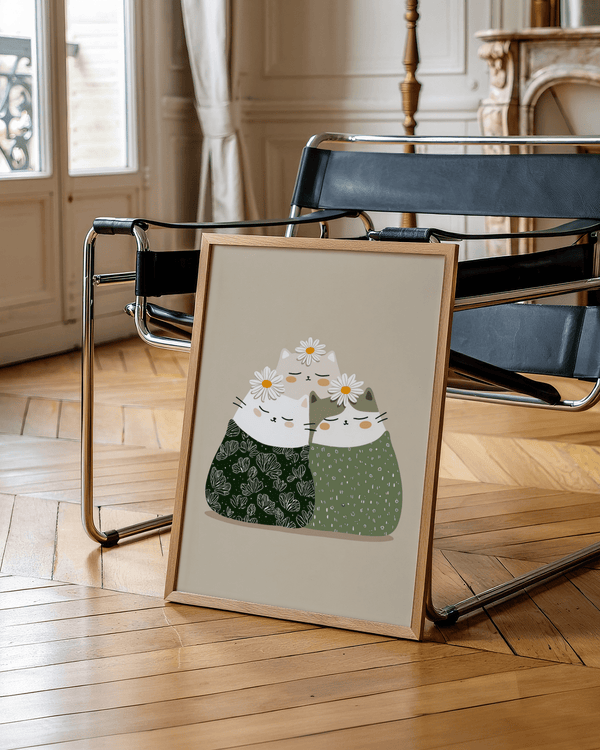 Beige and Green Illustrated Cat Wall Art perfect for bedroom wall art