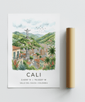 Mountain-backed Cali travel poster print with church tower and hillside roads