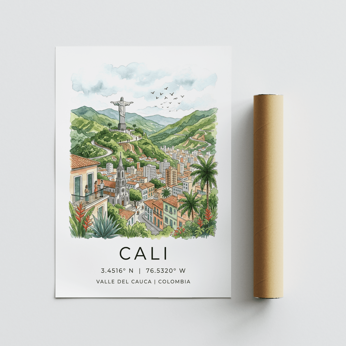 Mountain-backed Cali travel poster print with church tower and hillside roads