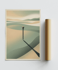 Solitary post casting long shadow over simplified golf course style hills artwork