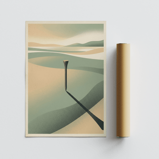 Solitary post casting long shadow over simplified golf course style hills artwork