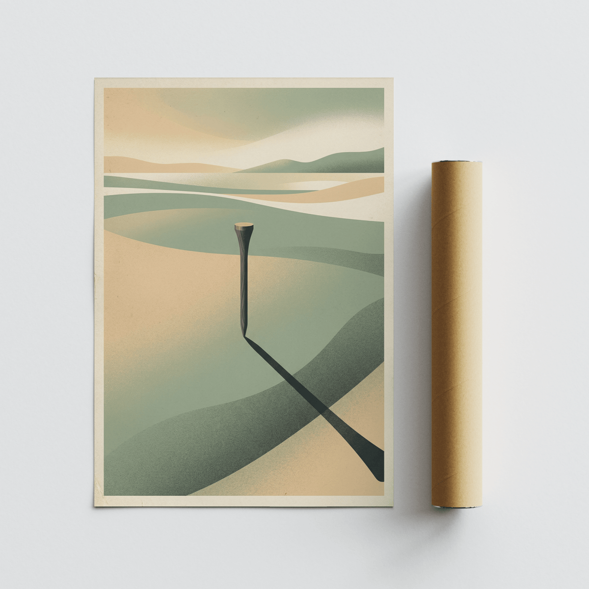 Solitary post casting long shadow over simplified golf course style hills artwork