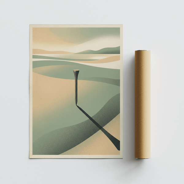 Solitary post casting long shadow over simplified golf course style hills artwork