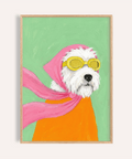 Funny Pet Poster with white dog, pink scarf, orange jacket in living room wall art
