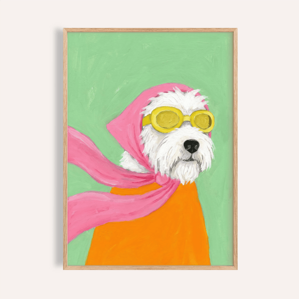 Funny Pet Poster with white dog, pink scarf, orange jacket in living room wall art