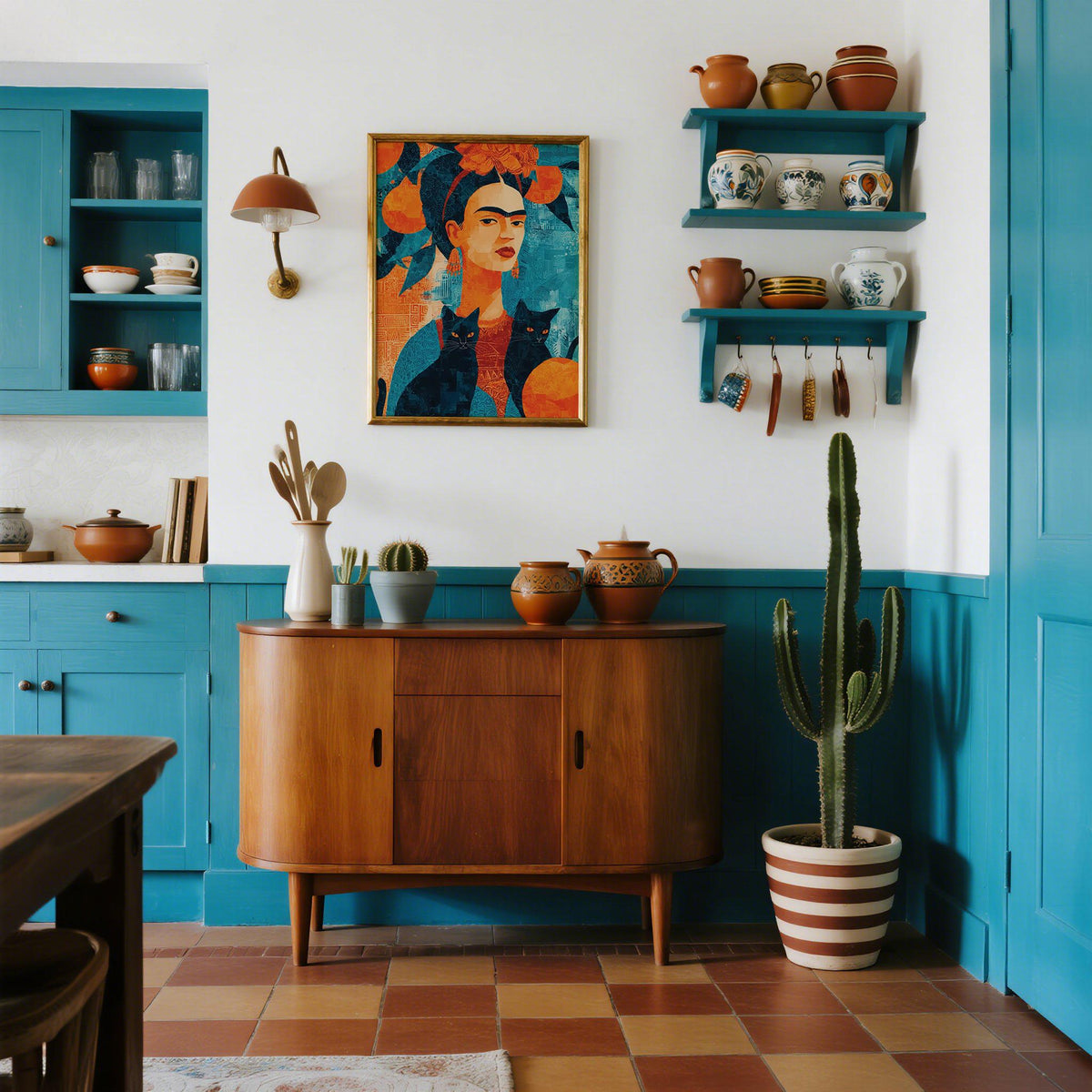 Frida Kahlo cat artwork featuring a bold palette and detailed folk motifs.