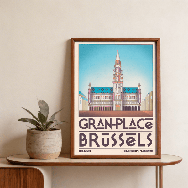 Angled wall poster mockup featuring Brussels Grand Place architecture illustration and large GRAN-PLACE BRUSSELS lettering