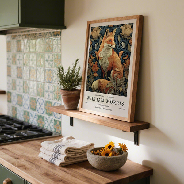 Red fox surrounded by heritage-inspired flora – William Morris Fox Print.