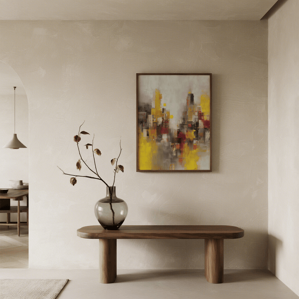 Urban Abstract Cityscape Art Print with dominant red and white for hallway decor