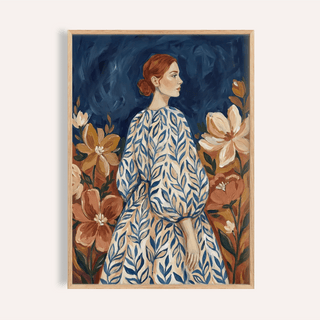 Floral Portrait Art print with blue, orange, and beige for bedroom wall art