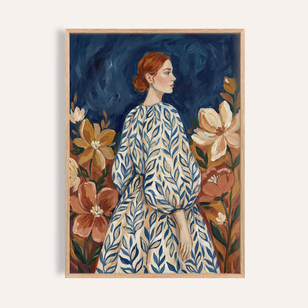 Floral Portrait Art print with blue, orange, and beige for bedroom wall art