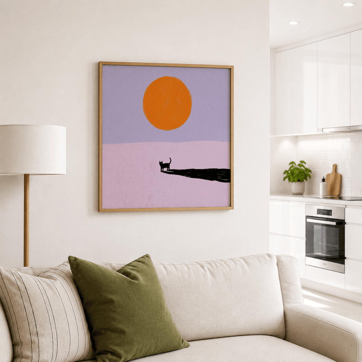 Minimalist Cat Art Print wall decor with tiny cat figure, elongated shadow band, and single sun disk above