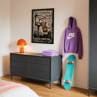 Basketball City Wall Art featuring rim, net, and street tags