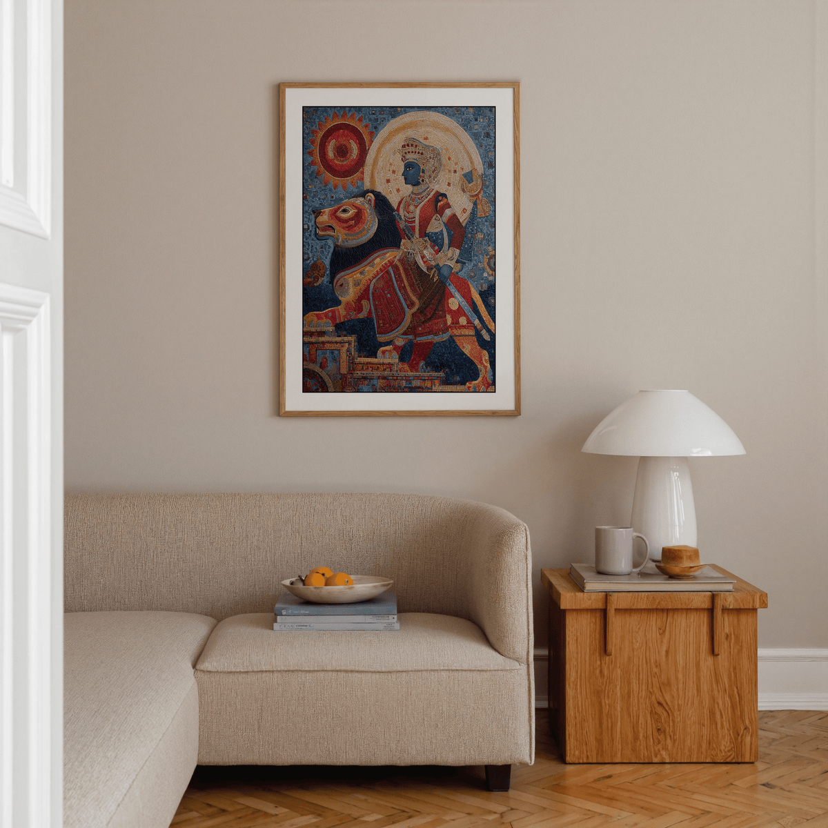 Interior mockup displaying vertical mosaic rider print above neutral sofa