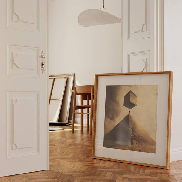 Fantasy-style neutral color wall art with monolithic surreal imagery