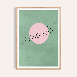 Minimal bird silhouettes wall art poster with circle sun motif