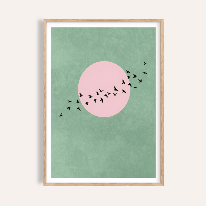 Minimal bird silhouettes wall art poster with circle sun motif