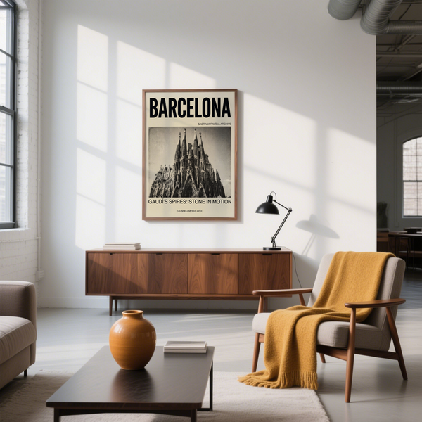 Bold headline wall art print reading BARCELONA above a historic Sagrada Família photo