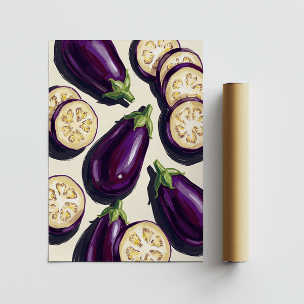 Purple Aubergines Art Print as kitchen wall art vibrant poster