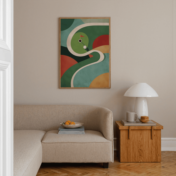 Geometric Golf Art Print with curved fairway bands and a putting green motif