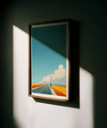 Roadside scene poster with long vanishing point and layered cloud forms