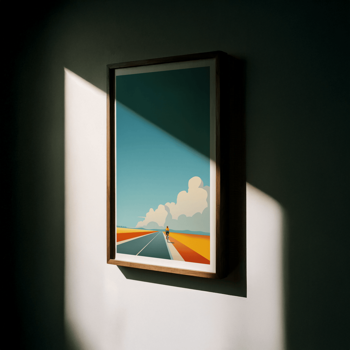 Roadside scene poster with long vanishing point and layered cloud forms