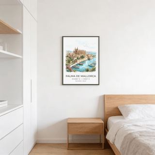 Wide view of illustrated Palma harbor scene wall art print with marina and shoreline