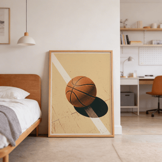Sports Wall Art basketball poster with off-center ball placement, diagonal stripe, and negative space