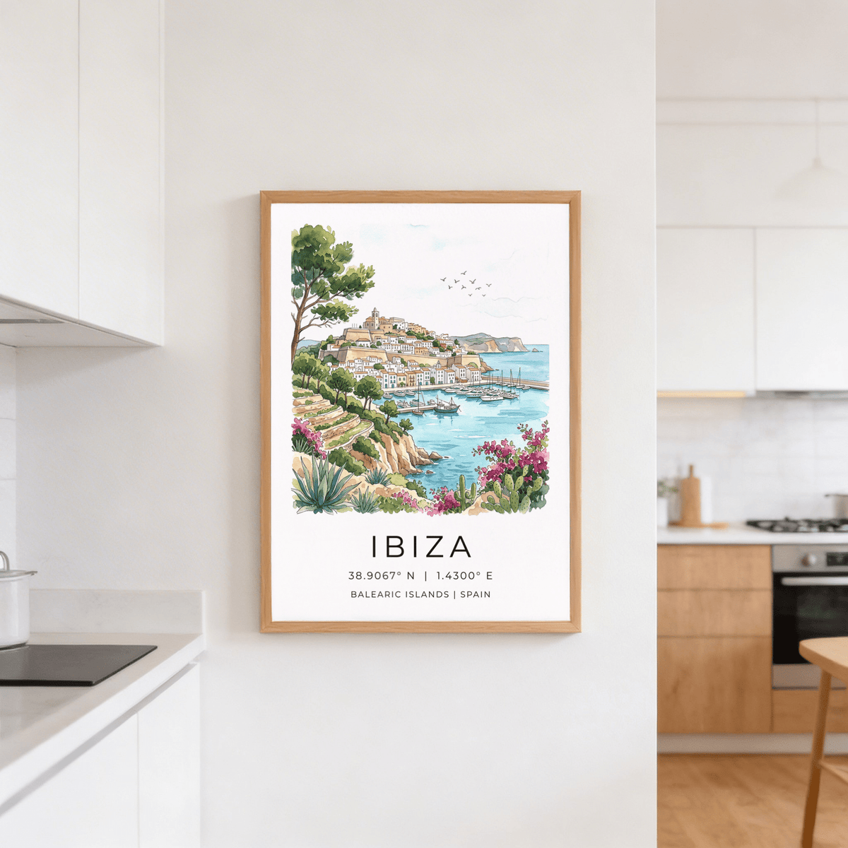 Typography-led Ibiza Landscape Print with coordinates text beneath a watercolor harbor scene
