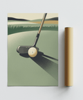 Clean sports illustration poster of a golf putter, textured ball, and horizon stripes