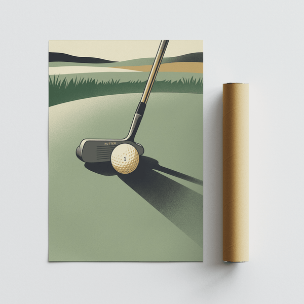 Clean sports illustration poster of a golf putter, textured ball, and horizon stripes