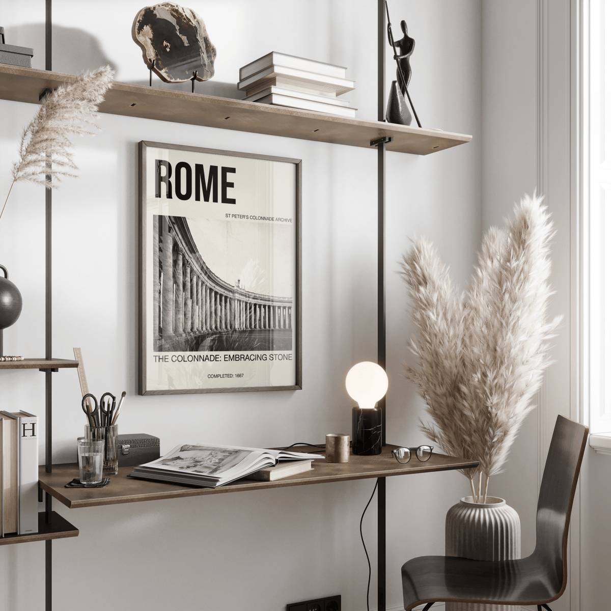 Vintage-style Rome architecture poster featuring St Peter’s colonnade photo and large headline text