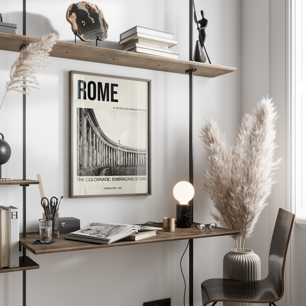 Vintage-style Rome architecture poster featuring St Peter’s colonnade photo and large headline text