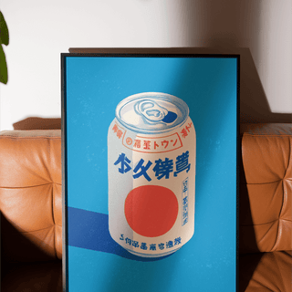 Modern Japanese Soda Print poster with blue, white, red hues for dining room