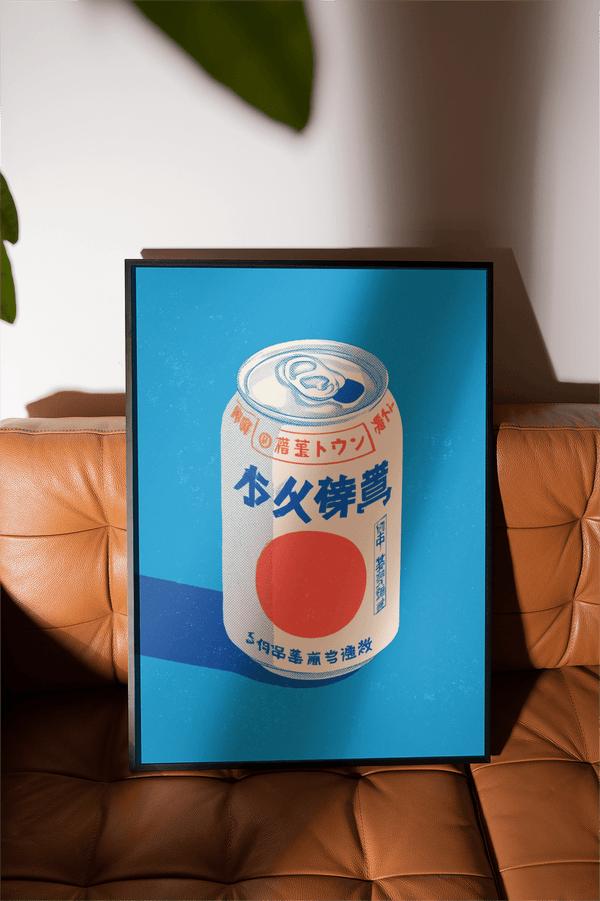 Modern Japanese Soda Print poster with blue, white, red hues for dining room