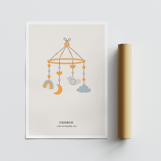 Personalised Baby Poster with multicolored mobile illustration for baby art print