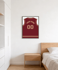 Showing maroon and gold basketball jersey silhouette poster with arched name lettering and double zero numerals