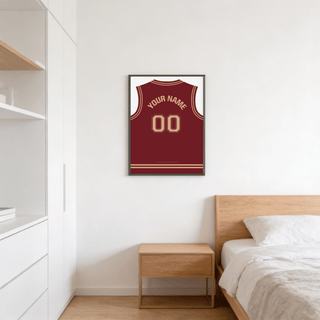 Showing maroon and gold basketball jersey silhouette poster with arched name lettering and double zero numerals
