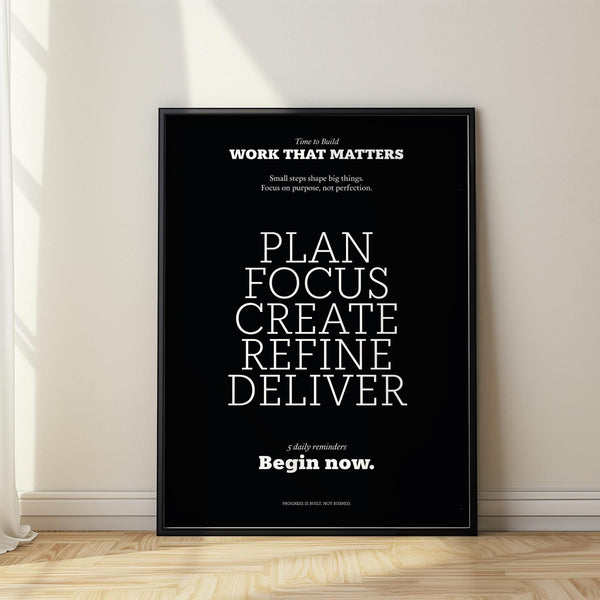 Black inspiring wall decor with bold motivational typography for modern offices.