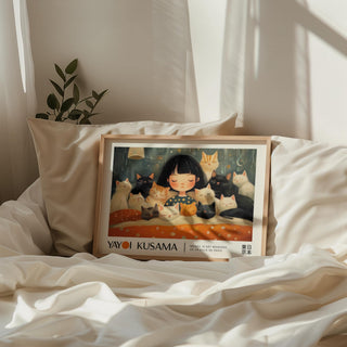 Cat art print blending artistic charm with soft, muted tones