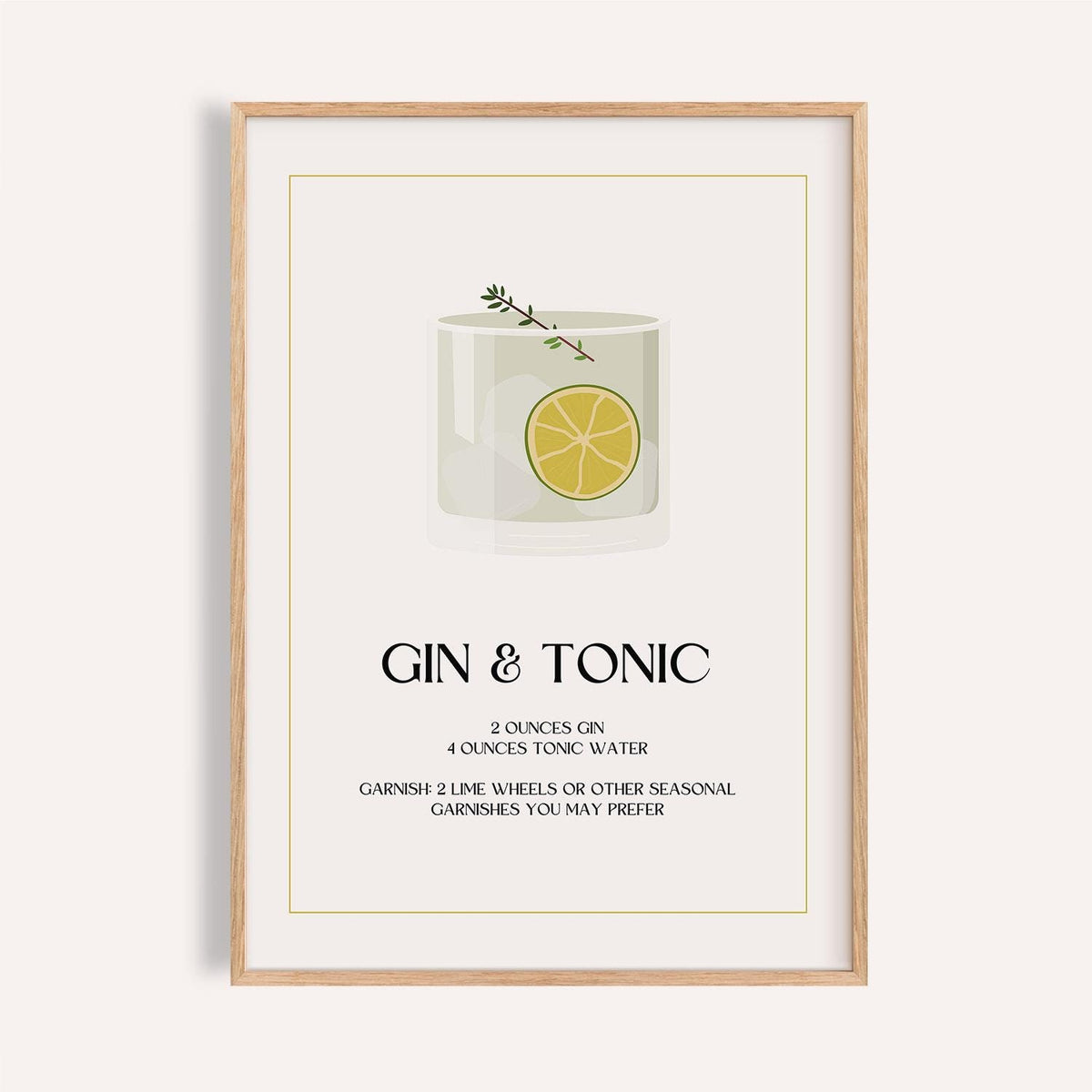 Gin and Tonic wall art featuring minimalist cocktail print with lime wheel.