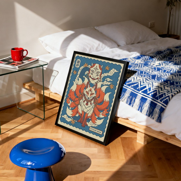 Poster detail focusing on swirling clouds and maple leaves around the fox