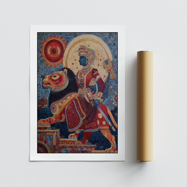 Side angle of mosaic scene focusing on halo glow and layered ornaments