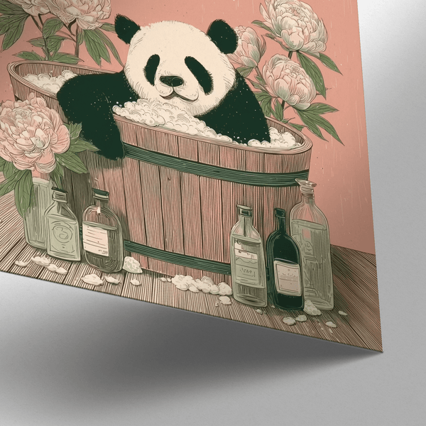 Cute Panda Bath Print in Brown and White for living room accent