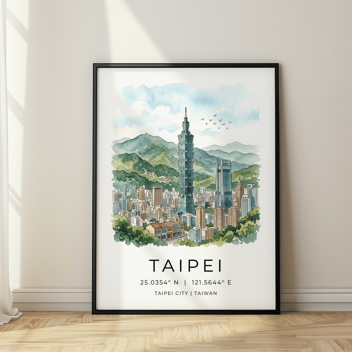 Taipei City Art Print with Taipei 101 landmark, mountain backdrop, and city scene