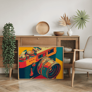 Colorful Vintage Camera Wall Art in Yellow and Blue for photography studio wall art
