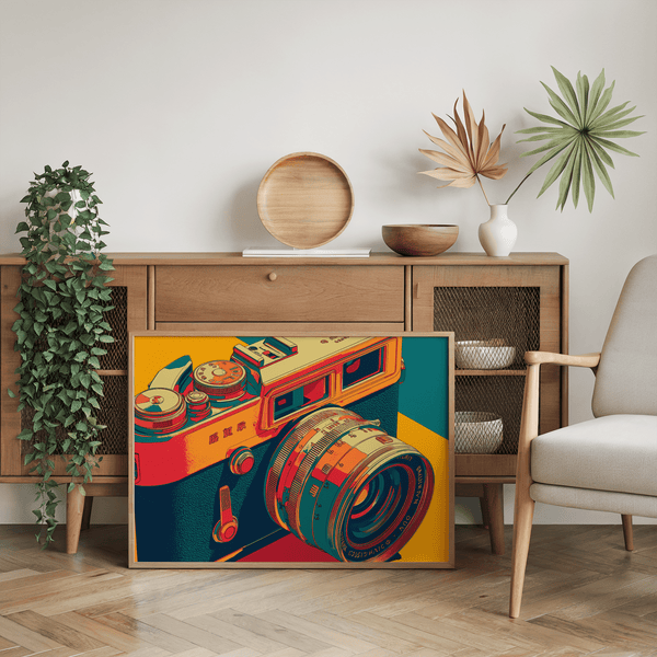 Colorful Vintage Camera Wall Art in Yellow and Blue for photography studio wall art