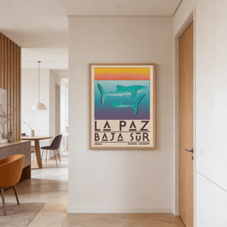 La Paz Mexico Poster showing spotted whale sharks gliding through teal water